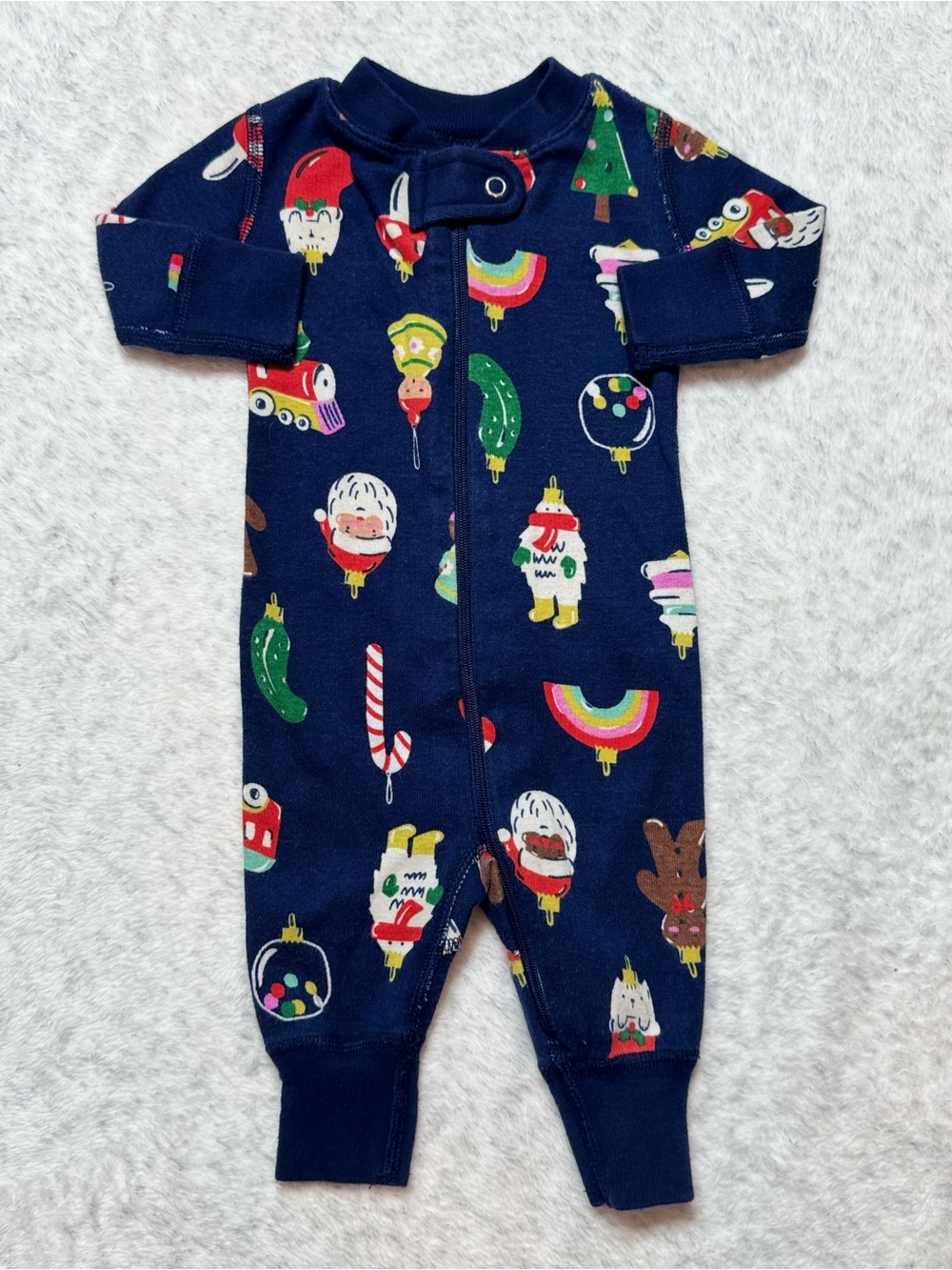 Hanna Andersson Christmas Santa Ornament Zip Sleeper 0-3M Baby Navy Holiday